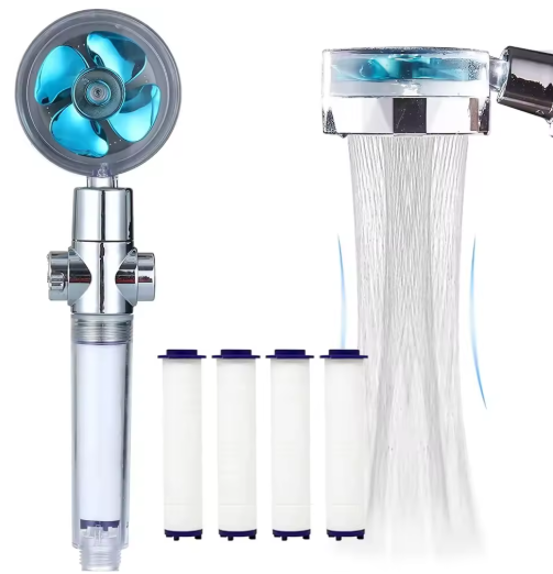 New Propeller Driven Fan Shower Head with Stop Button and Cotton Filter Turbocharged High Pressure Handheld Shower Nozzle