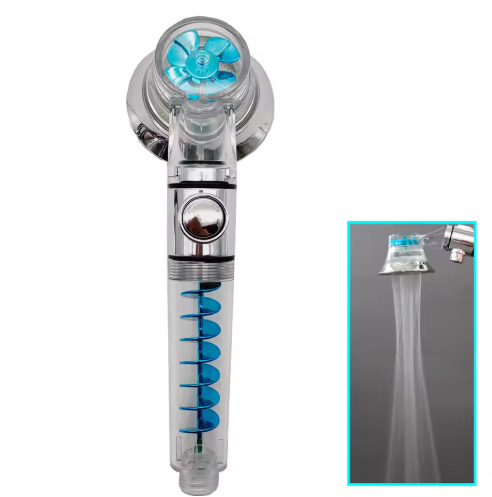 New Propeller Driven Fan Shower Head with Stop Button and Cotton Filter Turbocharged High Pressure Handheld Shower Nozzle