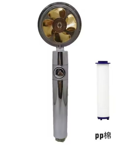 New Propeller Driven Fan Shower Head with Stop Button and Cotton Filter Turbocharged High Pressure Handheld Shower Nozzle