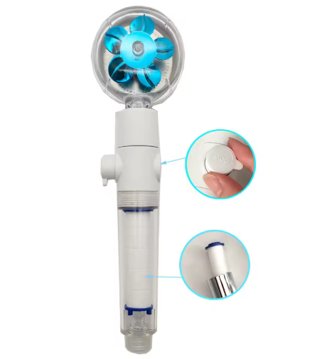New Propeller Driven Fan Shower Head with Stop Button and Cotton Filter Turbocharged High Pressure Handheld Shower Nozzle