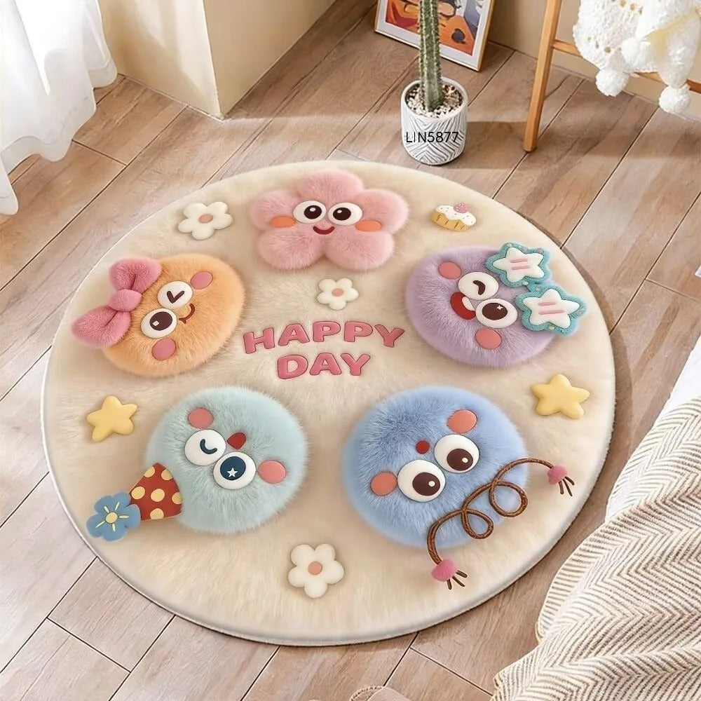 Cartoon Style 3D Stereoscopic Carpet Thick Fluffy Soft Circular Floor Mat Easy to Maintain Stereoscopic Vision Carpets