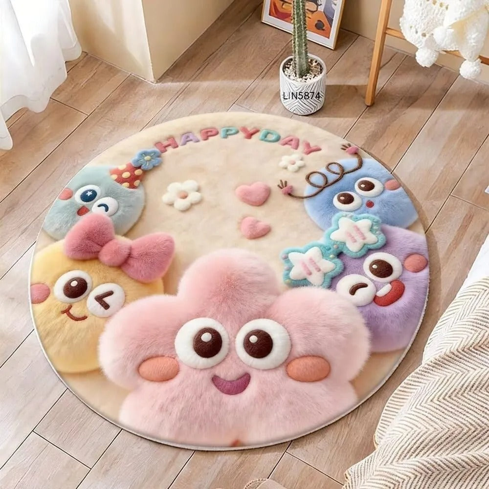 Cartoon Style 3D Stereoscopic Carpet Thick Fluffy Soft Circular Floor Mat Easy to Maintain Stereoscopic Vision Carpets